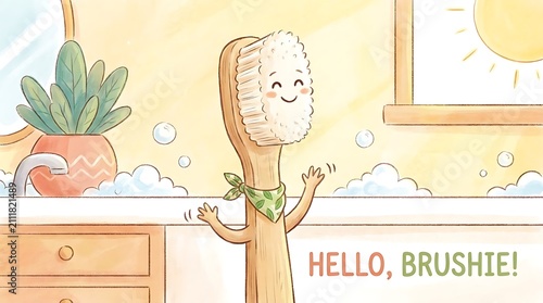Happy cartoon toothbrush character with a bandana in a bathroom setting