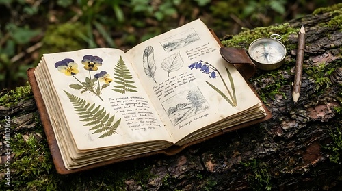 Open journal with pressed flowers and botanical illustrations in nature setting
