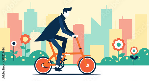Businessman riding a folding bike through a colorful city park commute. Flat vector illustration of urban sustainable transport.