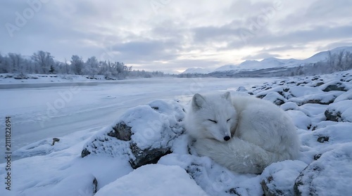 Fluffy arctic fox sleeping curled up in winter snow.