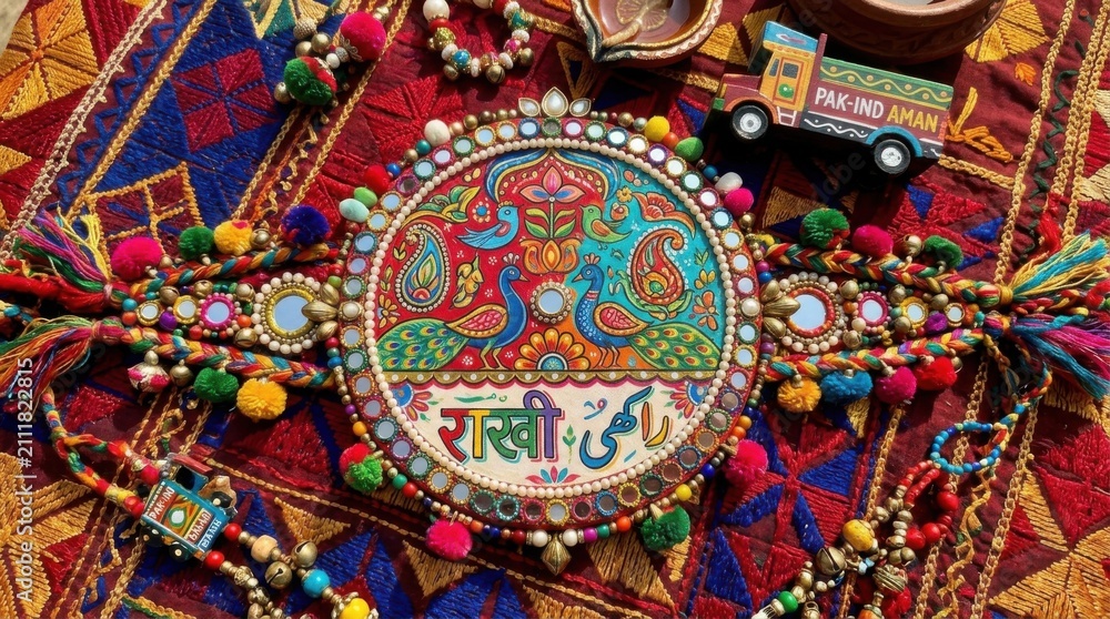 Fototapeta premium Vibrant Indian Traditional Handmade Rakhi with Intricate Thread Work and Ornaments