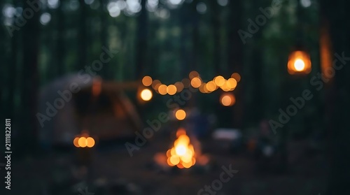 Outdoor night camping scene with campfire and string lights in forest