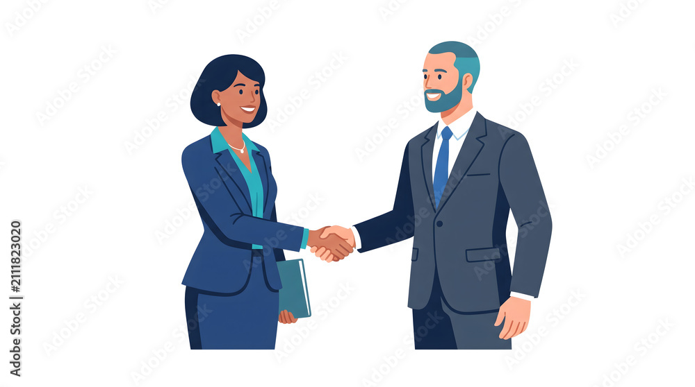 Fototapeta premium Professional business man and woman in formal suits shaking hands to seal a deal or partnership agreement illustration isolated on white