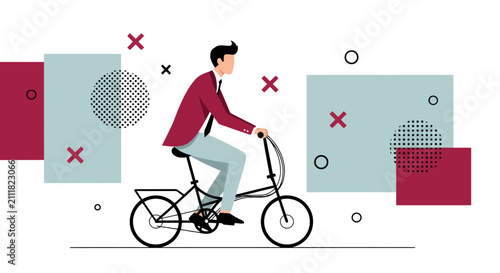 Businessman riding folding bicycle on abstract geometric background for urban commute.