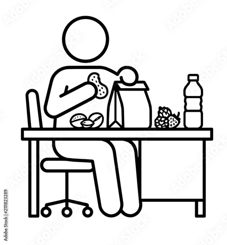 Person eating snacks and cookies from paper bag at office desk icon vector illustration. Snack time concept.