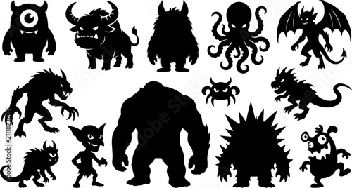 фотографія Large Vector Collection of Spooky Monster Solid Silhouettes Featuring Goblins Tr