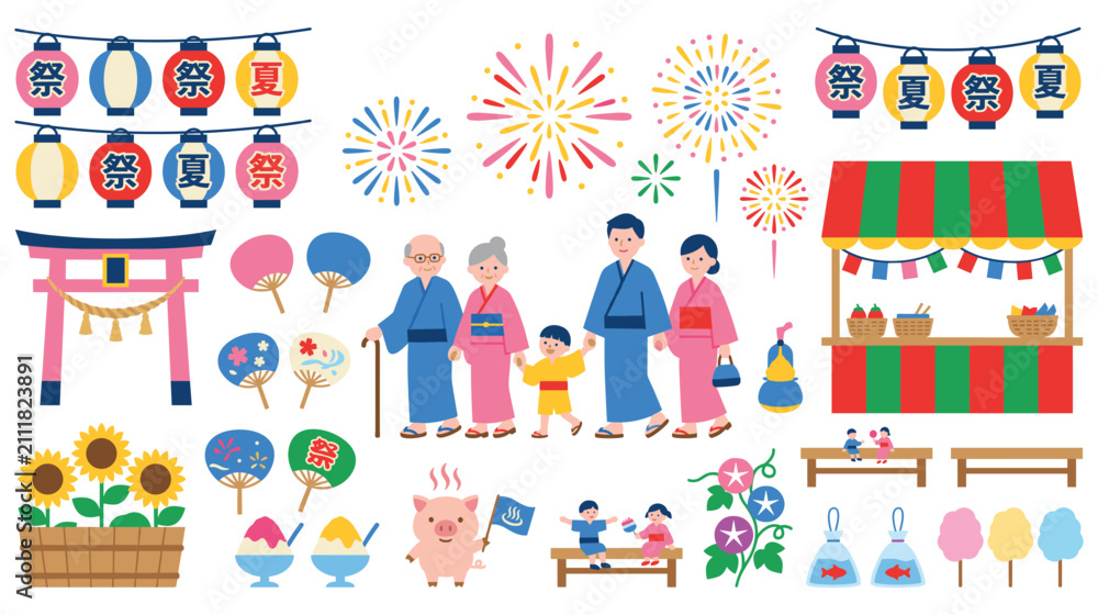 Fototapeta premium Japanese summer festival family enjoying food and activities at matsuri.