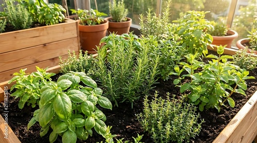 Fresh green herbs growing in wooden balcony planter boxes.