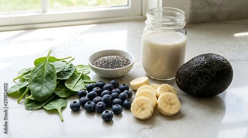 Fresh ingredients for healthy smoothie on white counter.