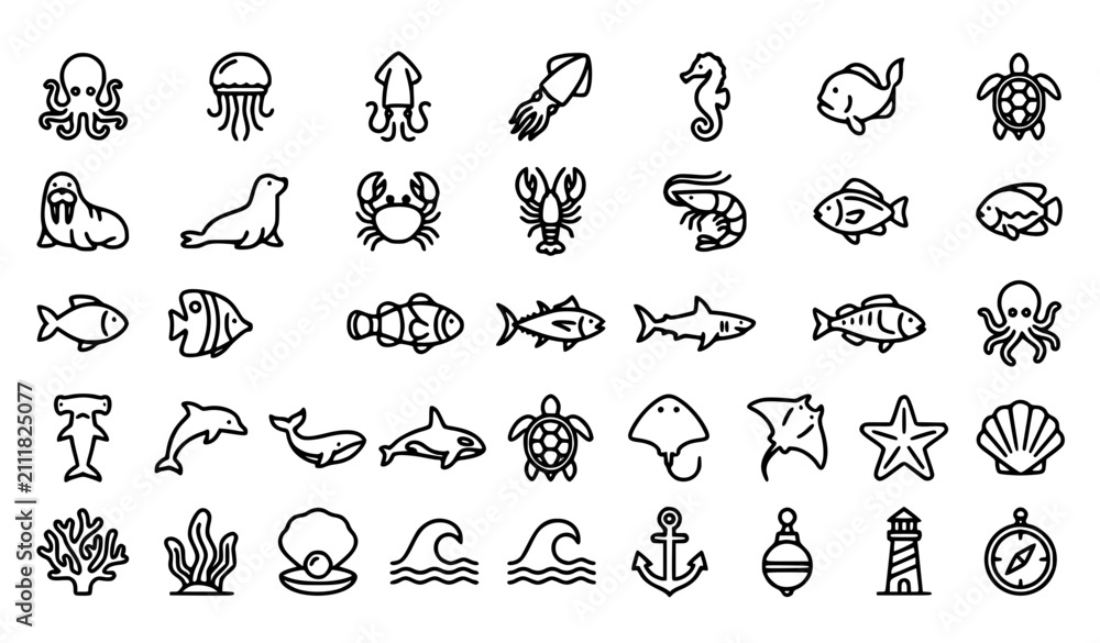 Obraz premium Sea Life Outline Icon Set with Octopus Jellyfish Squid Seahorse Shark Dolphin Turtle and Marine Symbols Editable Stroke Vector