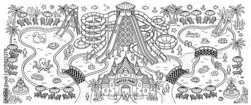 Cuadro en lienzo Vector illustration of a crowded water park with slides pools and people for coloring