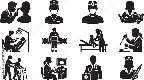 Quadro su tela Medical set featuring doctors, nurses, surgical equipment, diagnostic tools, and