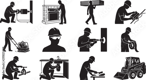 Foto Set of black silhouette representing construction workers, builders, and heavy m