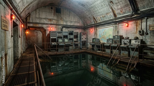 Abandoned Cyberpunk Subterranean Factory Tunnel filled with Flooded Water