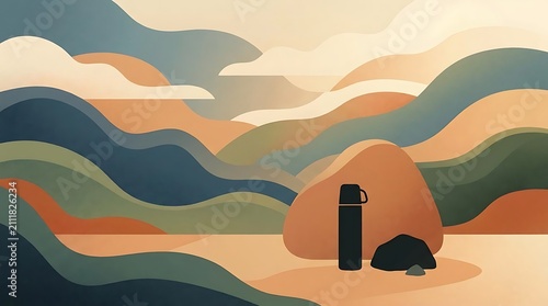 Outdoor adventure gear near stylized natural landscape background