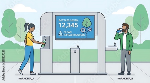 People using modern drinking fountain with digital display promoting sustainability