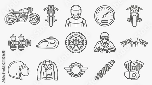 Cuadro en lienzo Sleek Black and White Line Art Icons Set Featuring Motorcycle Elements Gear Helm