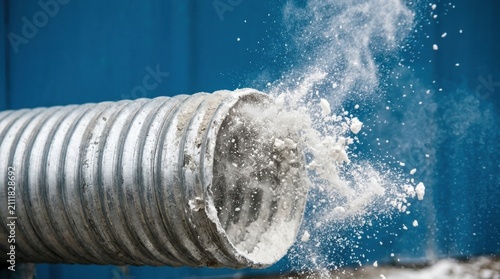 Dirty aluminum dryer vent with lint and dirt on blue background for A soiled covered