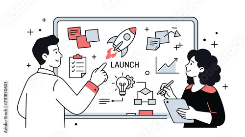 Business project launch concept vector, startup team planning on whiteboard with rocket icon, corporate strategy and brainstorming session illustration