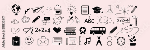 Back to school chalk doodles on blackboard with hand drawn education icons, books, science symbols, stationery and cute classroom elements in charcoal crayon vector style