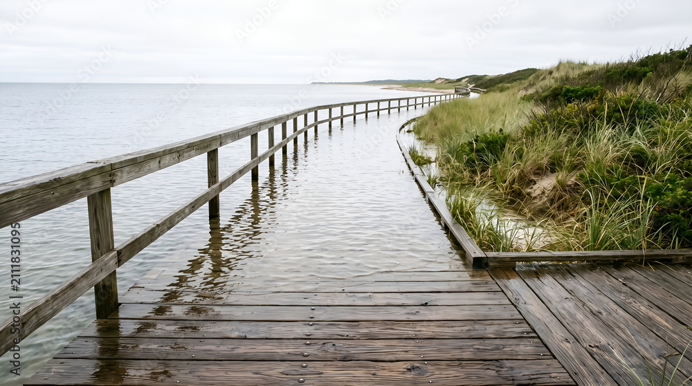 Fototapeta premium Realistic coastal flooding affecting public boardwalk infrastructure, ideal for climate adaptation reports, environmental publications, insurance, and sustainability communication.