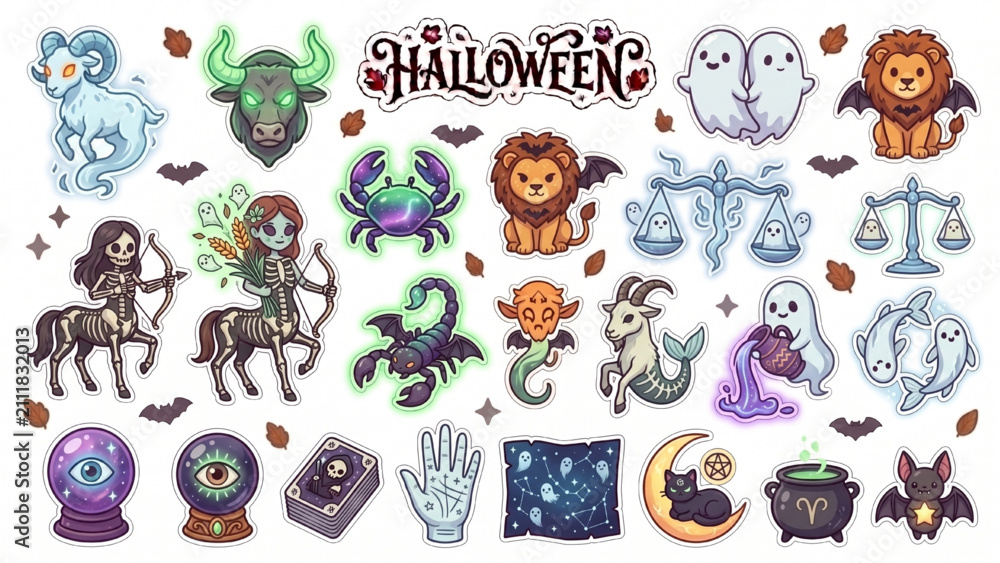 Obraz premium Cute Halloween Zodiac and Horoscope Sticker Set with Haunted Aries Ram, Ghost Gemini Twins, Magical Zodiac Signs and Astrology Vector Collection