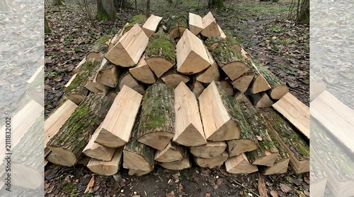 Stack of split wood logs for fuel and outdoor use