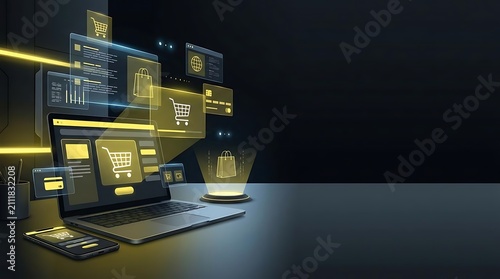 Modern laptop workstation with floating retail UI icons