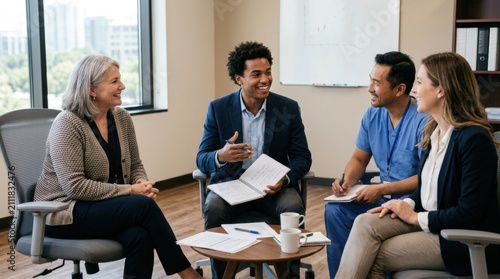 Meeting room discussion with diverse group of individuals in modern office setting