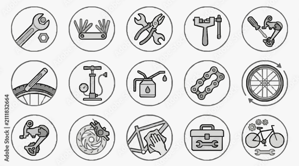 Fototapeta premium Sleek Monochromatic Line Icons Set of Modern Tools and Equipment for Bike Repair and Maintenance