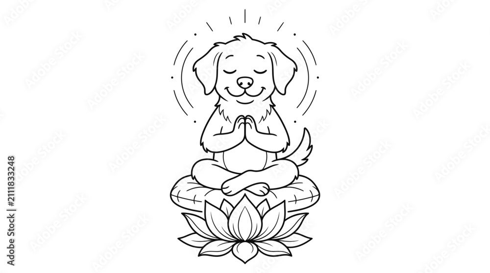 Fototapeta premium Cute golden retriever meditating with lotus flower. Relaxed dog practicing mindfulness and yoga in serene pose.