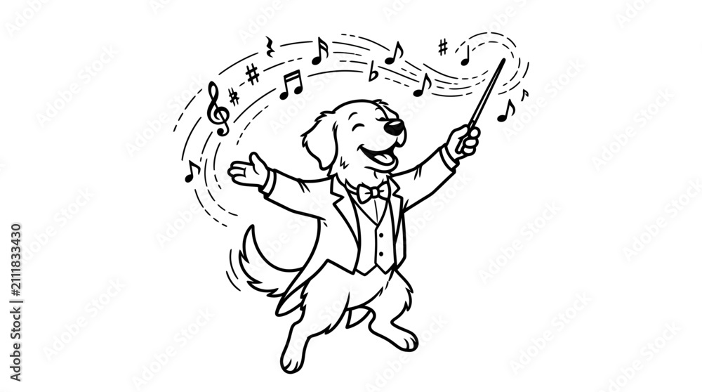 Obraz premium Cartoon dog conducting an invisible orchestra with baton. Animated canine maestro leading musical notes in playful performance.