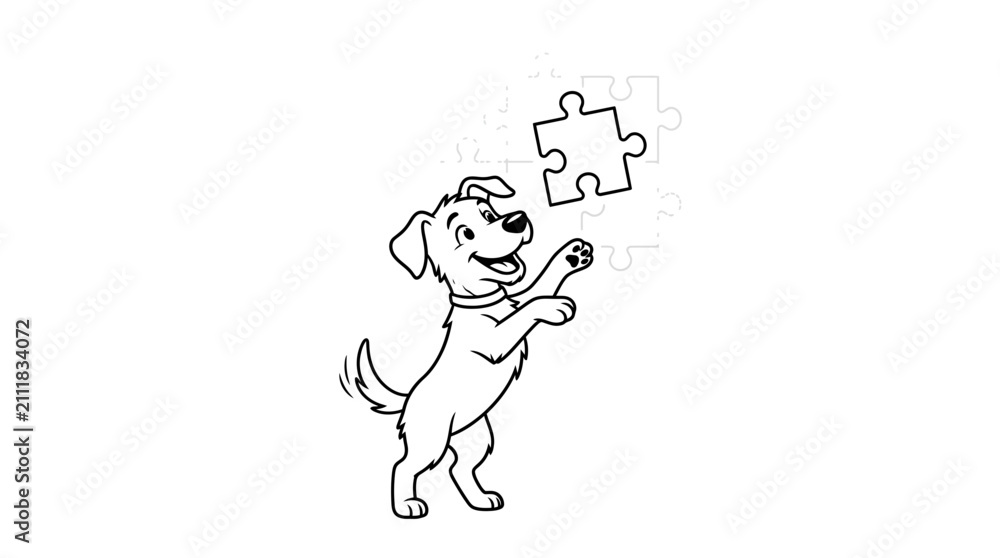 Obraz premium Cute dog solving puzzle game with large piece. Playful pet engaging in brain training activity for mental stimulation.