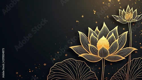 Elegant Golden Lotus Flowers on Dark Background.