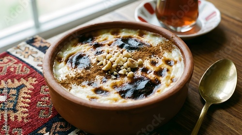 Traditional turkish rice pudding sutlac in clay bowl with crushed hazelnuts and cinnamon.