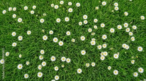Top View of Lush Green Meadow With Abundant White Daisies, Perfect Copy Summer daisies A beautiful