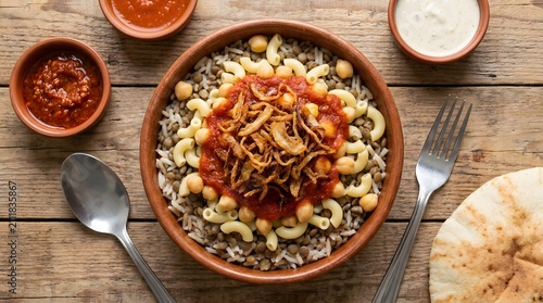 Bowl of traditional middle eastern koshary dish with lentils rice pasta and spicy sauces.