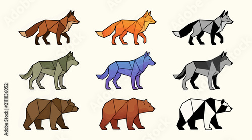 Photography Geometric Low Poly Animal Vector Icons: Fox, Wolf, and Bear in Various Color Sch