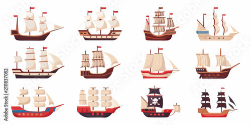 Canvastavla Historical Sailing Ships Collection Flat Vector Illustration On White Background