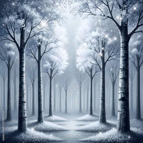 Serene winter forest path glowing with ethereal snowfall with illuminated soft moonlight twinkling snowflakes creating magical atmosphere slender birch trees lining misty path