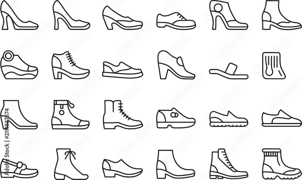 Obraz premium Collection of various stylish shoes icons isolated on transparent background