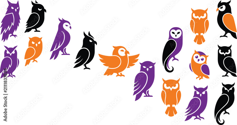 Fototapeta premium Halloween spooky owl vector silhouette icon set featuring minimal bird shapes in purple orange black isolated design colors