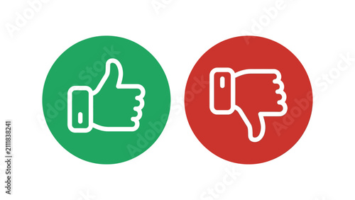 Cuadro en lienzo Green thumbs up and red thumbs down circular icons with white hand outlines repr