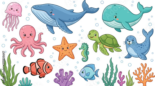 Cute ocean animals underwater life set vector illustration isolated on white background with whale turtle octopus jellyfish seal