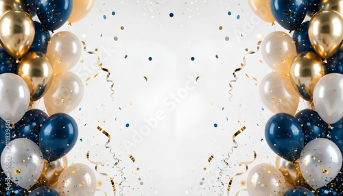Elegant Blue and Gold Balloon Border on White Background
