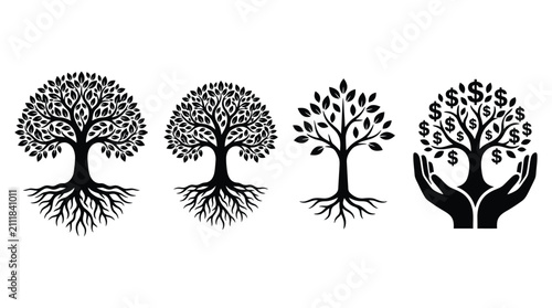 Trees With Root Systems And Monetary Symbolism Black Vector Illustration