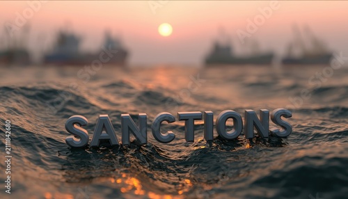 Sanctions word floating on sea water surface with cargo ships and sunset