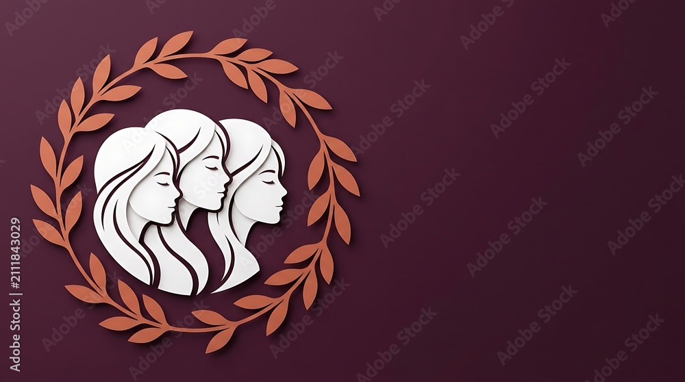 Fototapeta premium Elegant paper cut illustration of two women faces within a laurel wreath on a burgundy background