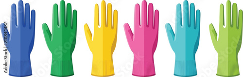 Bild auf Leinwand Vibrant set of colorful rubber cleaning gloves flat vector illustration for hous