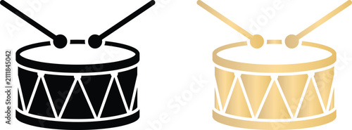 Fotografie Snare drum and drumsticks icon set in black and golden gradient with drumsticks